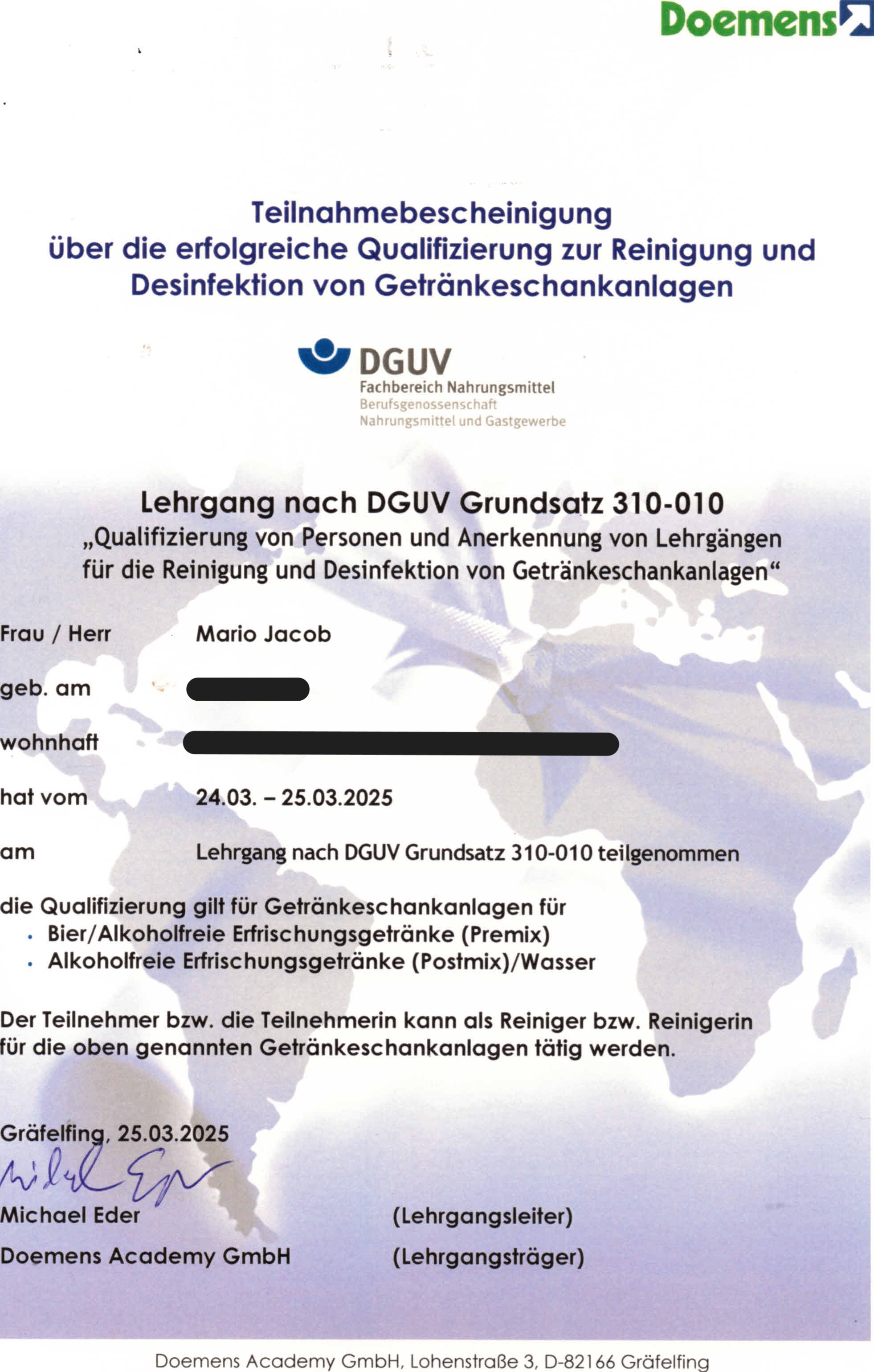 Urkunde Sachkundiger Mario Jacob